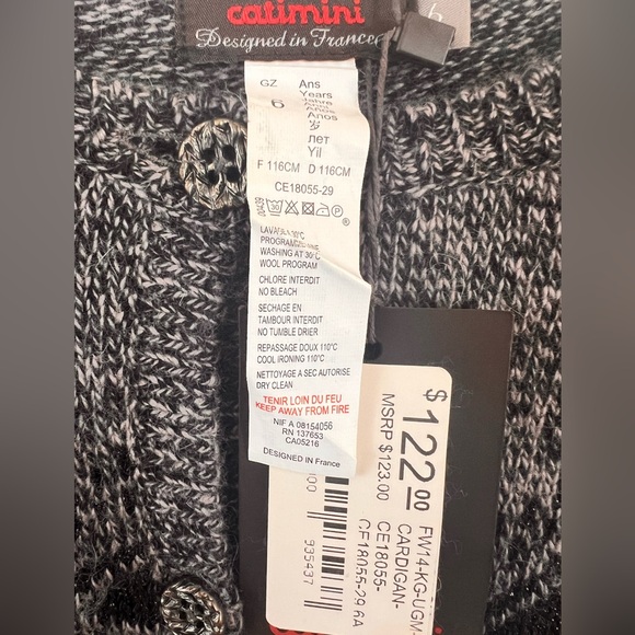 NWT $122 Catimini France Cardigan Sweater Girls Size 6 black gray - Picture 4 of 10